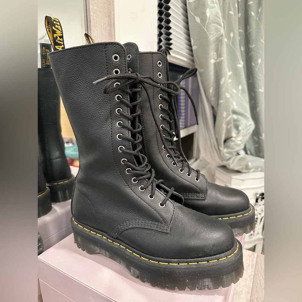 14 Eye Dr. Martens Platform Black Combat Boots with Yellow Stitching Brand New